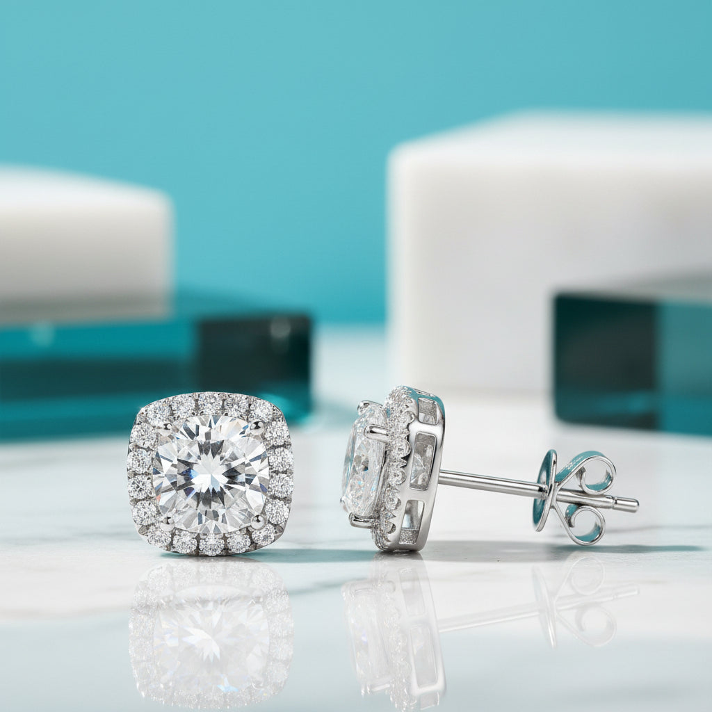 Cushion Cut Diamond 14K White Gold Halo Stud Earrings-Evani Jewelry