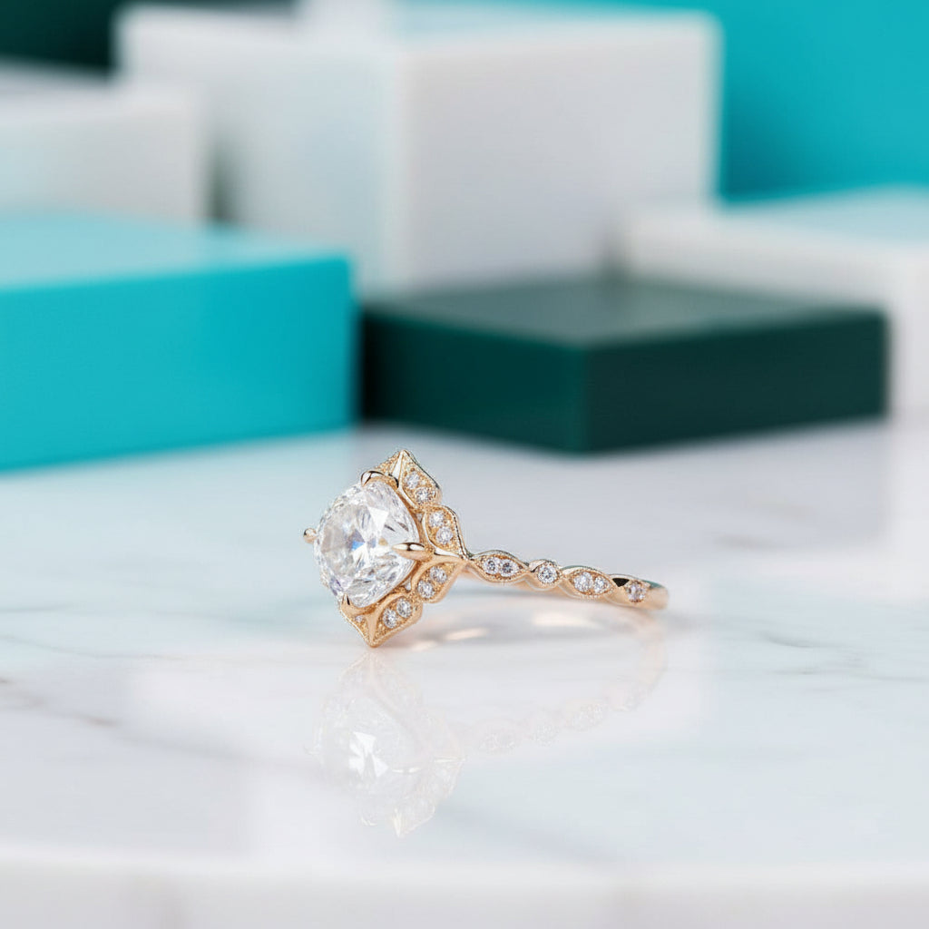 Cushion Cut Diamond Antique Milgrain Engagement Ring-Evani Jewelry