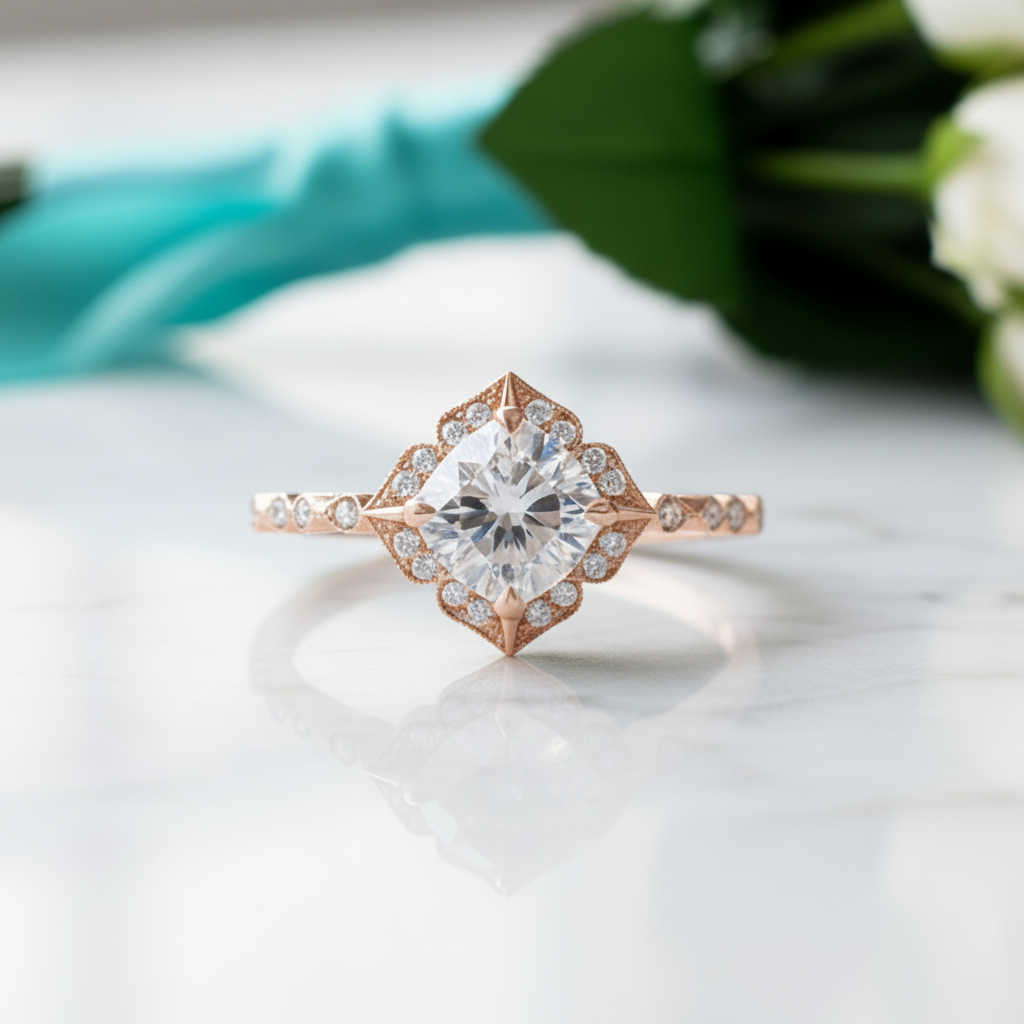 Cushion Cut Diamond Antique Milgrain Engagement Ring-Evani Jewelry