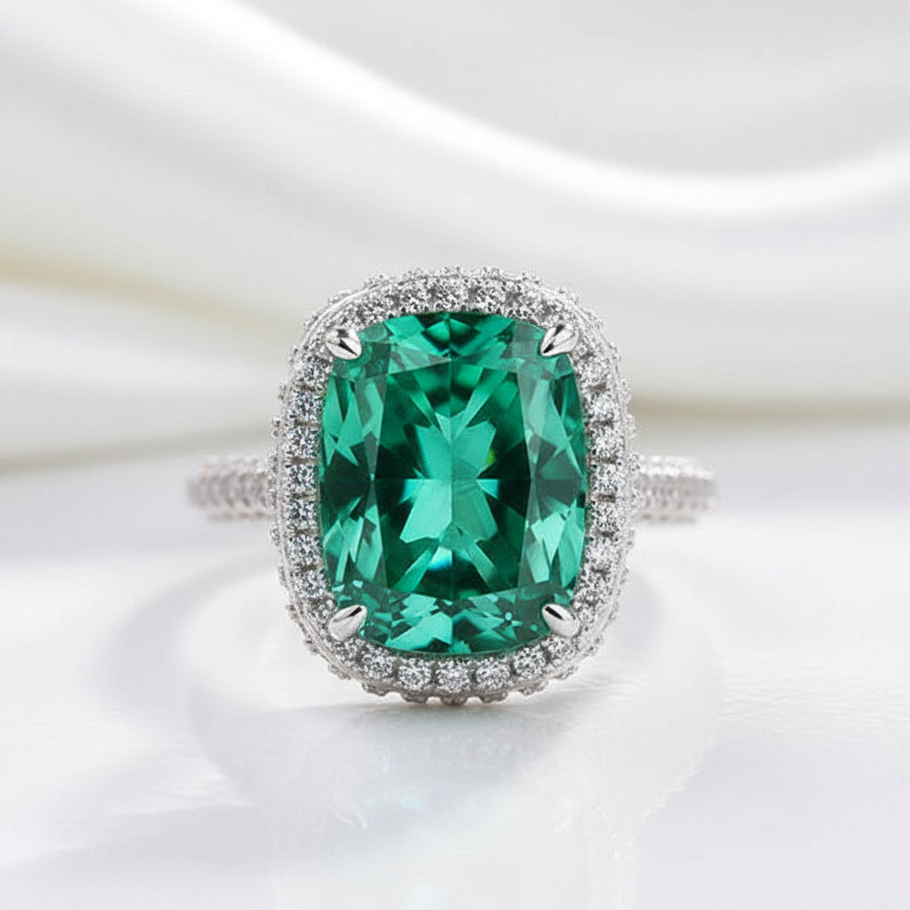 Cushion Cut Paraiba Tourmaline Diamond with Halo Engagement Ring-Evani Jewelry