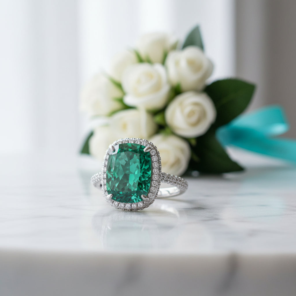 Cushion Cut Paraiba Tourmaline Diamond with Halo Engagement Ring-Evani Jewelry