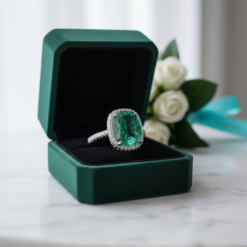 Cushion Cut Paraiba Tourmaline Diamond Option with Halo Engagement Ring - Evani Naomi Jewelry