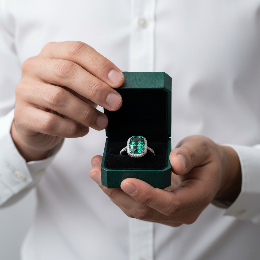 Cushion Cut Paraiba Tourmaline Diamond Option with Halo Engagement Ring - Evani Naomi Jewelry