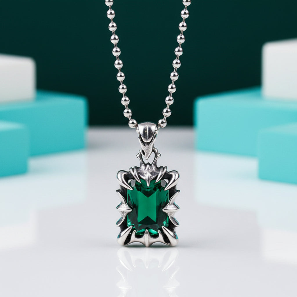 Cushion-cut Emerald Birthstone Punk Necklace-Evani Jewelry