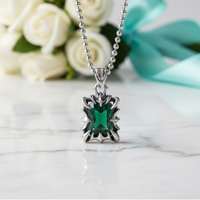 Cushion-cut Emerald Birthstone Punk Necklace-Evani Jewelry