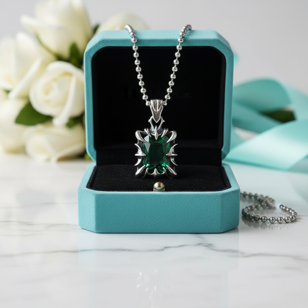Cushion-cut Emerald Birthstone Punk Necklace-Evani Jewelry