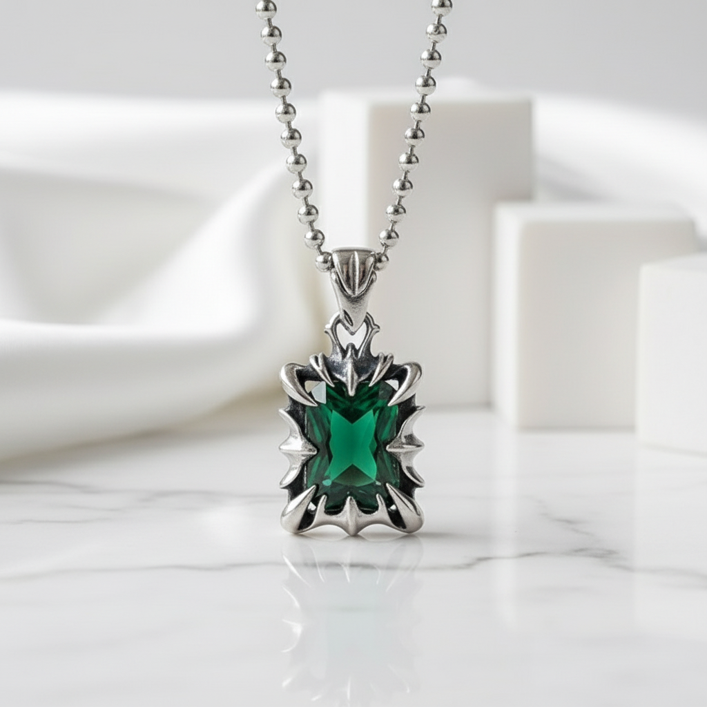 Cushion-cut Emerald Birthstone Punk Necklace-Evani Jewelry