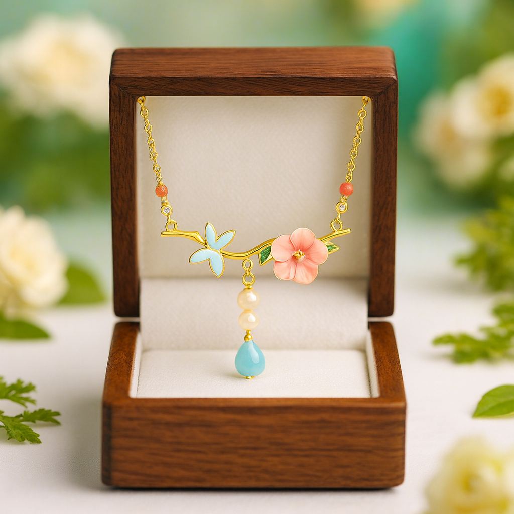 Delicate necklace with floral design in a wooden box against a floral background