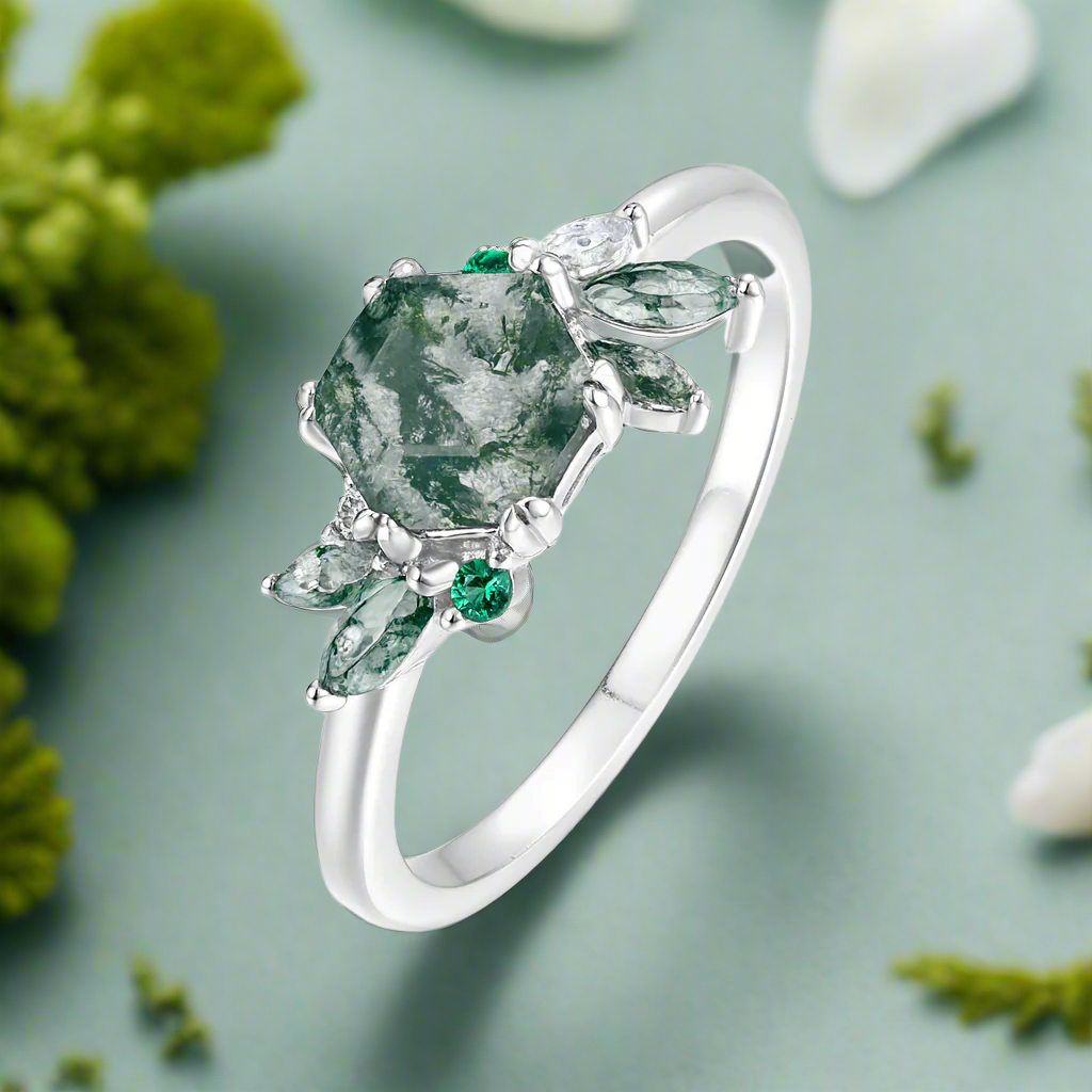 Dewdrop's Embrace- Hexagon Cut Moss Agate & Alexandrite Engagement Ring - Evani Naomi Jewelry