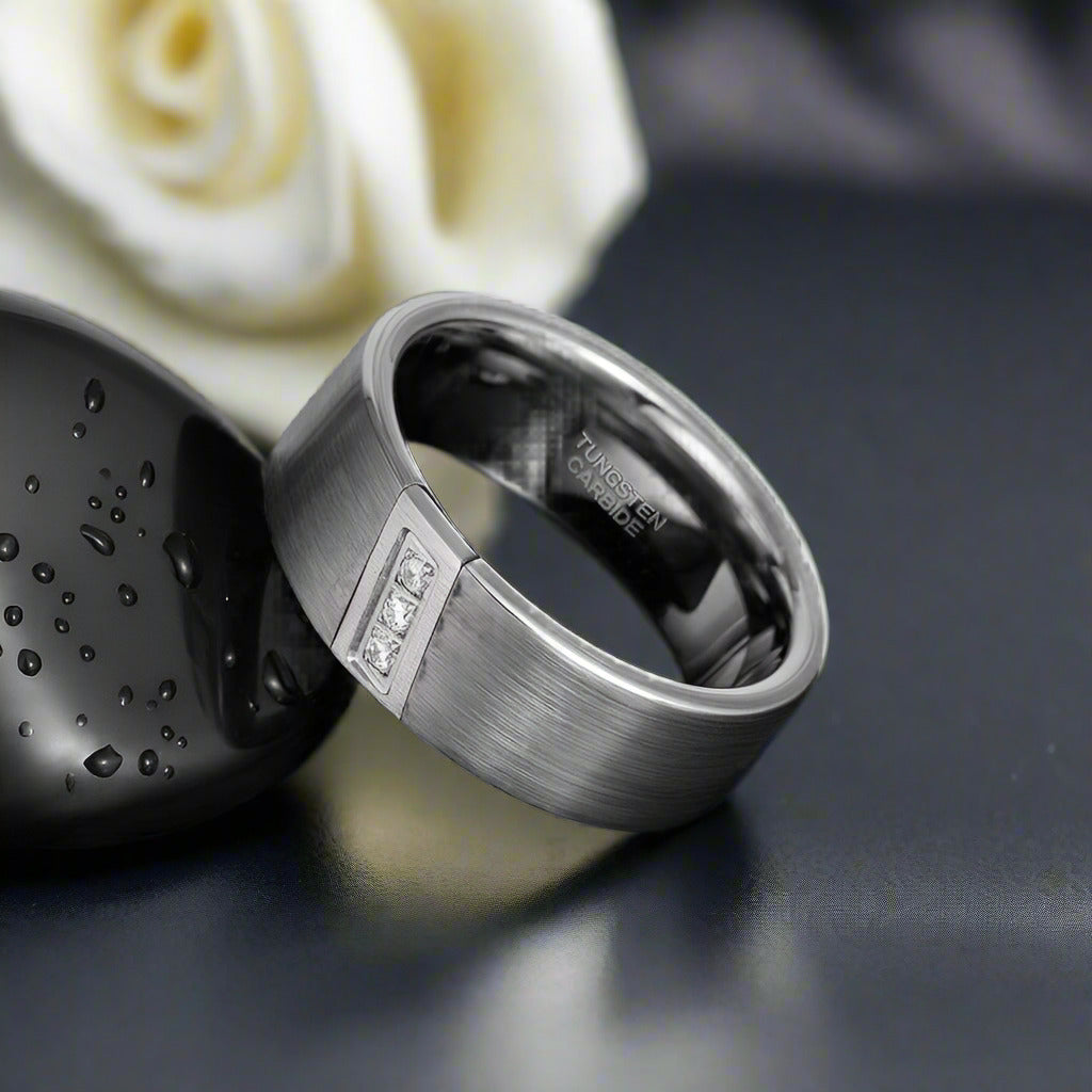 Diagonal Three Stone Tungsten Men's Wedding Band-Evani Naomi Jewelry