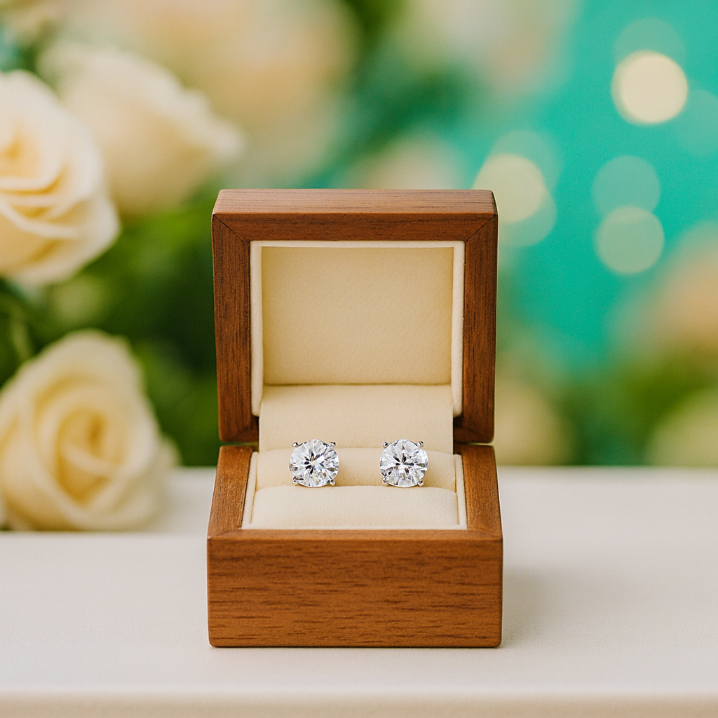 Diamond earrings in a wooden box with a blurred floral background