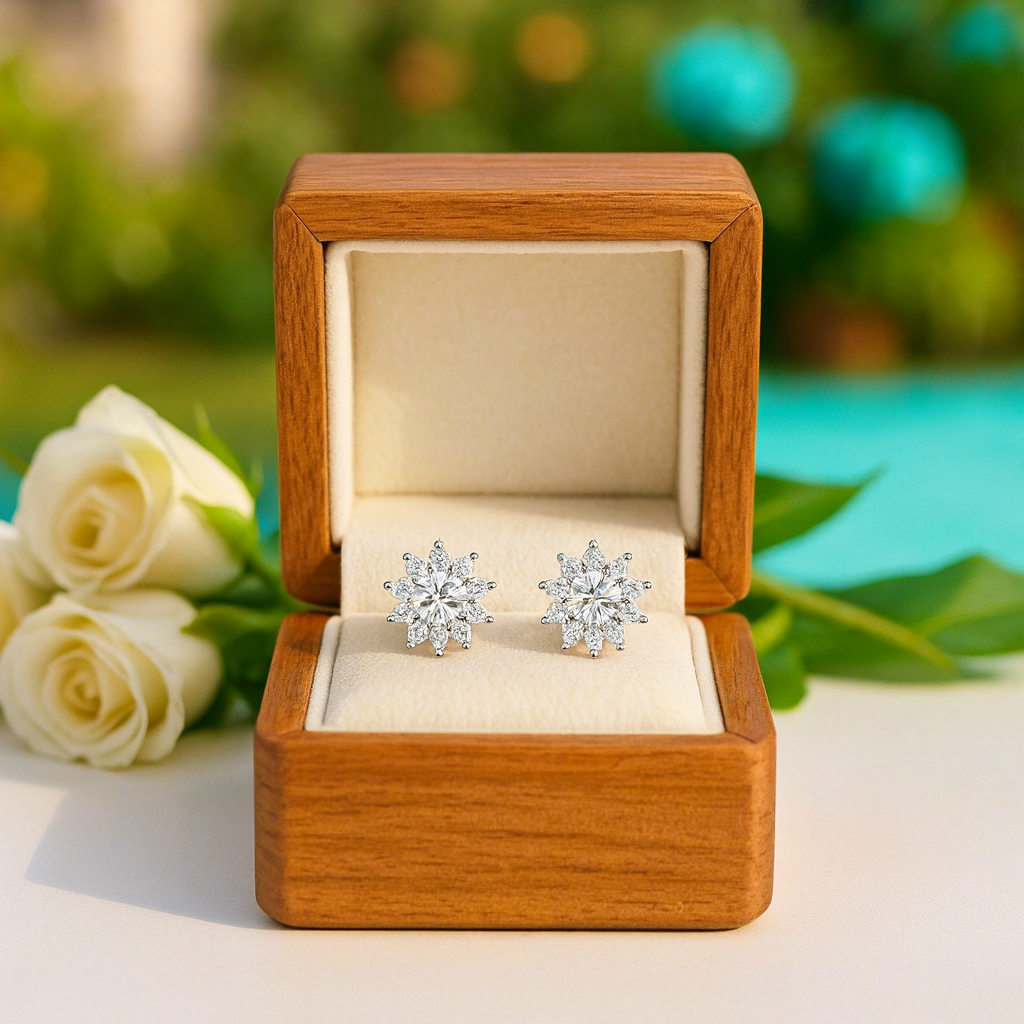 Diamond earrings in a wooden box with white roses and greenery in the background