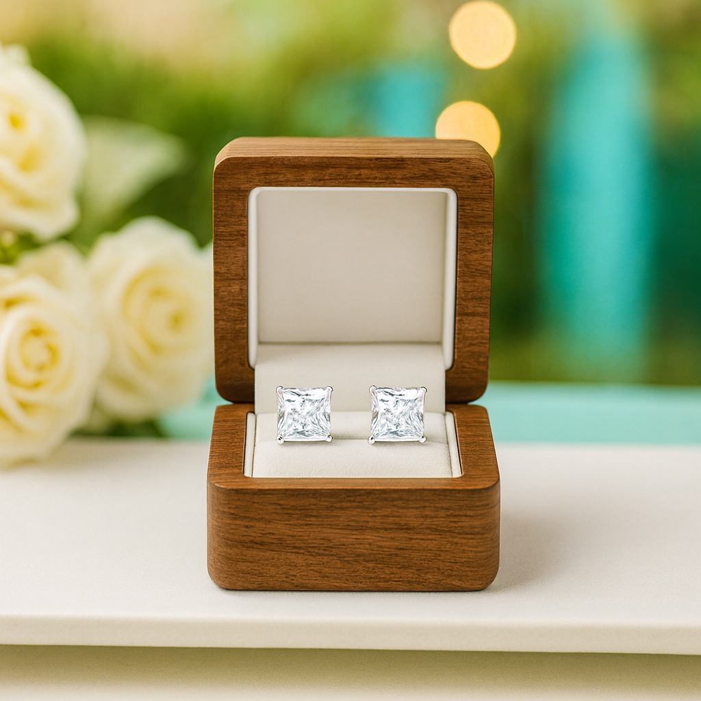 Diamond earrings in a wooden box with white roses in the background