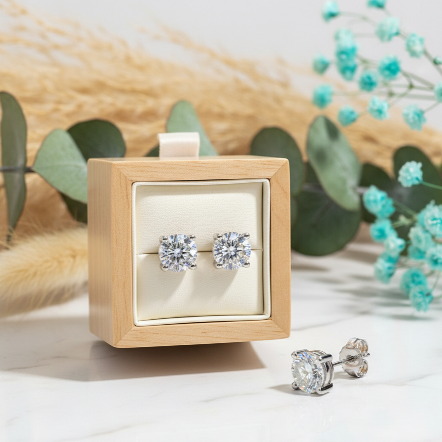 Diamond earrings in a wooden display box with a natural background