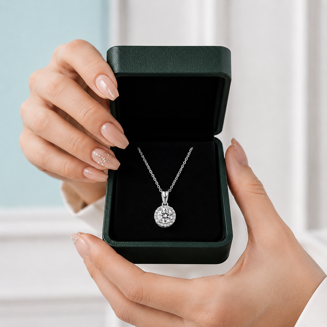 Diamond necklace in a black jewelry box held by hands against a light background