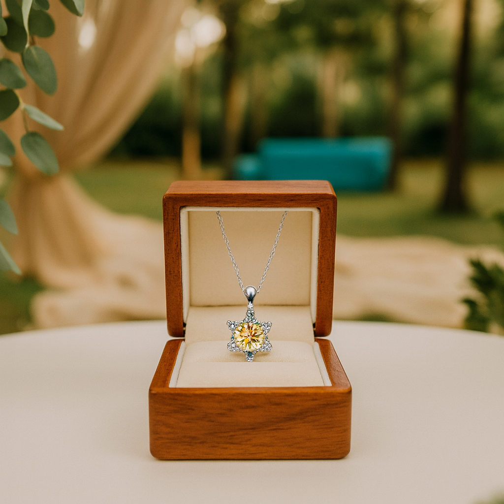 Diamond necklace in a wooden box with a blurred outdoor background