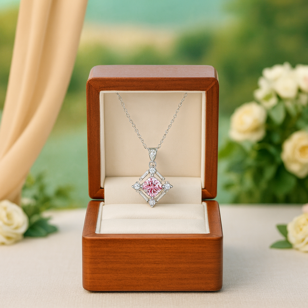 Diamond necklace in a wooden box with flowers in the background