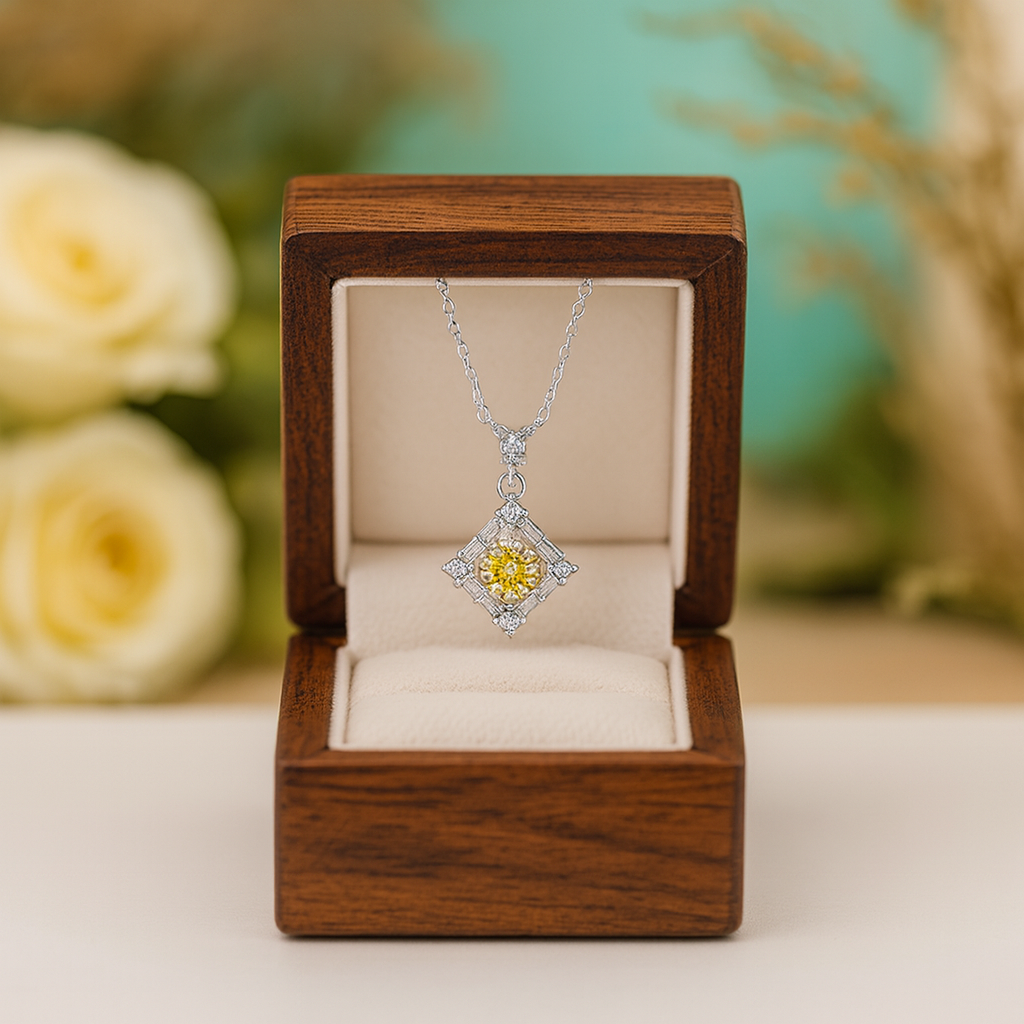 Diamond necklace in a wooden box with flowers in the background
