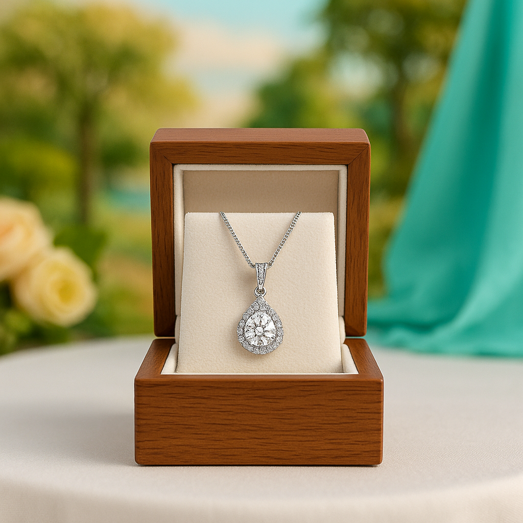 Diamond necklace in a wooden jewelry box with a blurred outdoor background