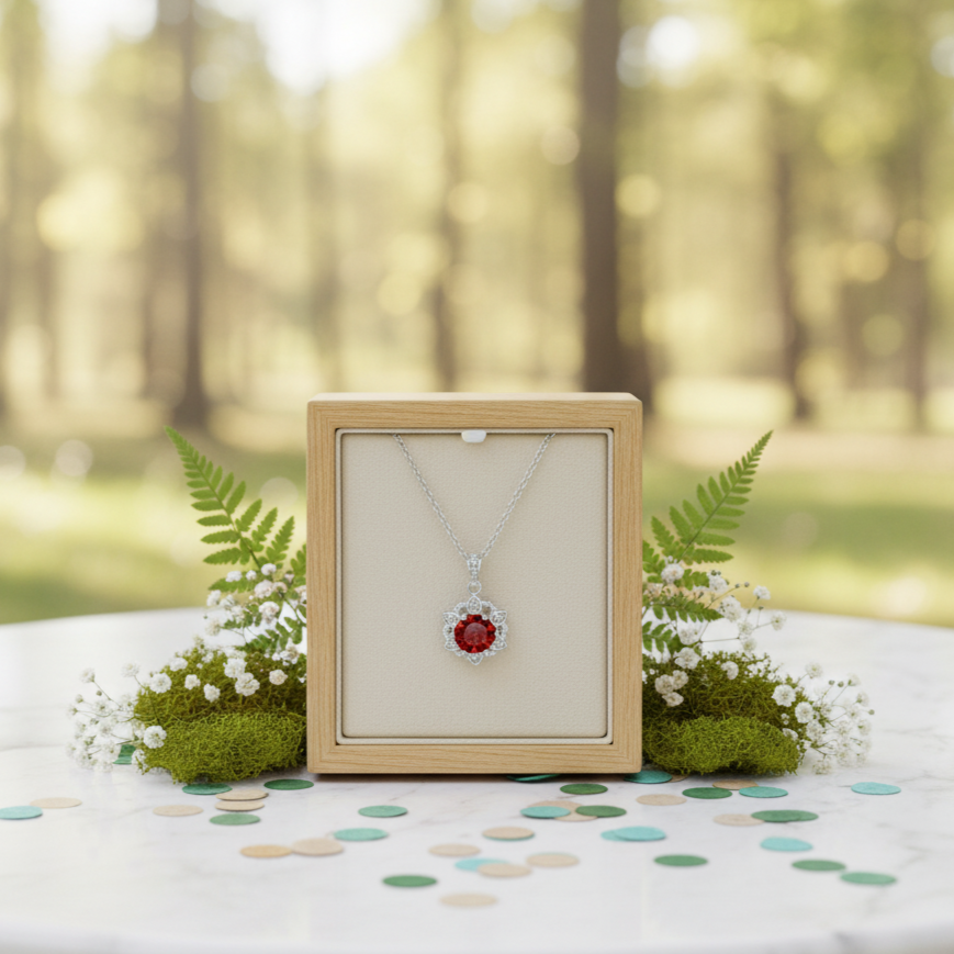 Diamond necklace with red gemstone in a wooden box on a table outdoors