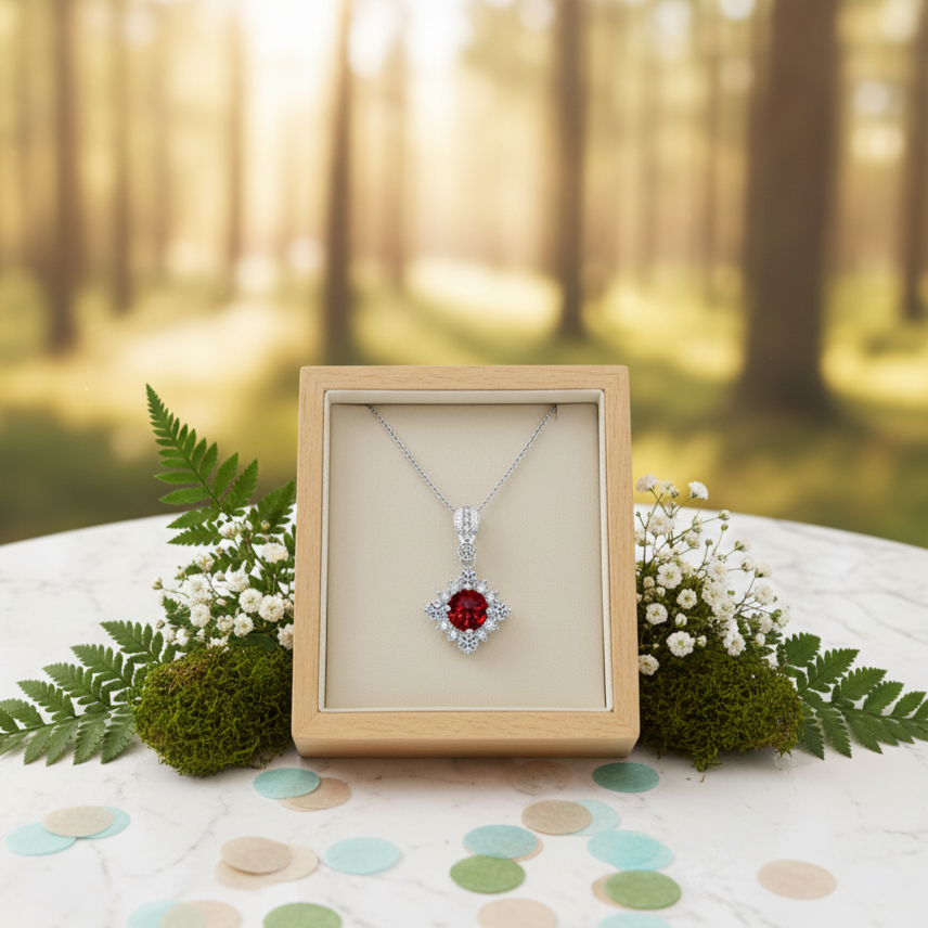 Diamond necklace with red gemstone in a wooden box on a table with a forest background