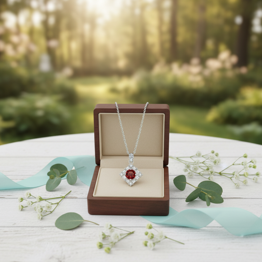 Diamond necklace with red gemstone in a wooden box on a wooden surface with a blurred forest background
