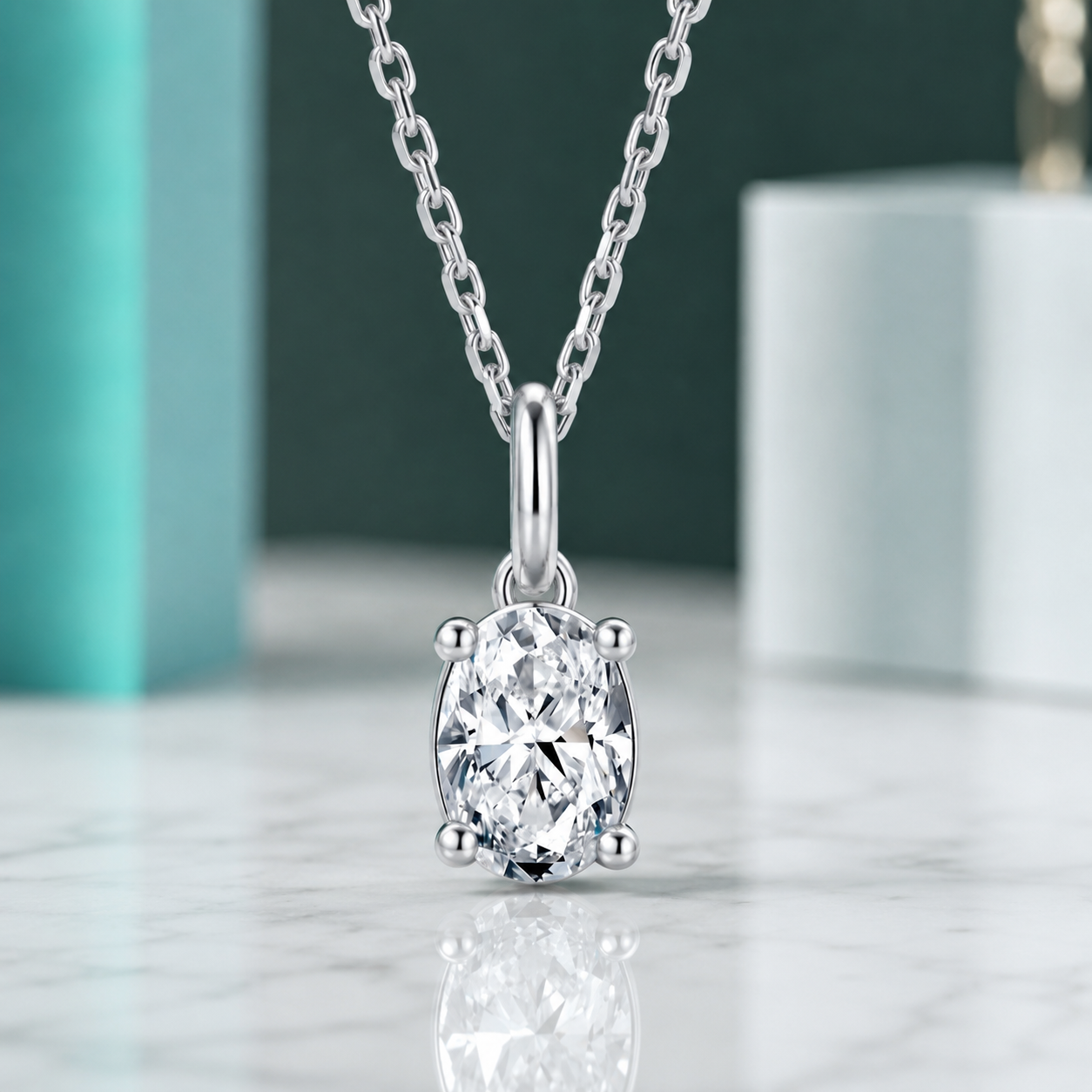 Diamond pendant on a chain against a neutral background
