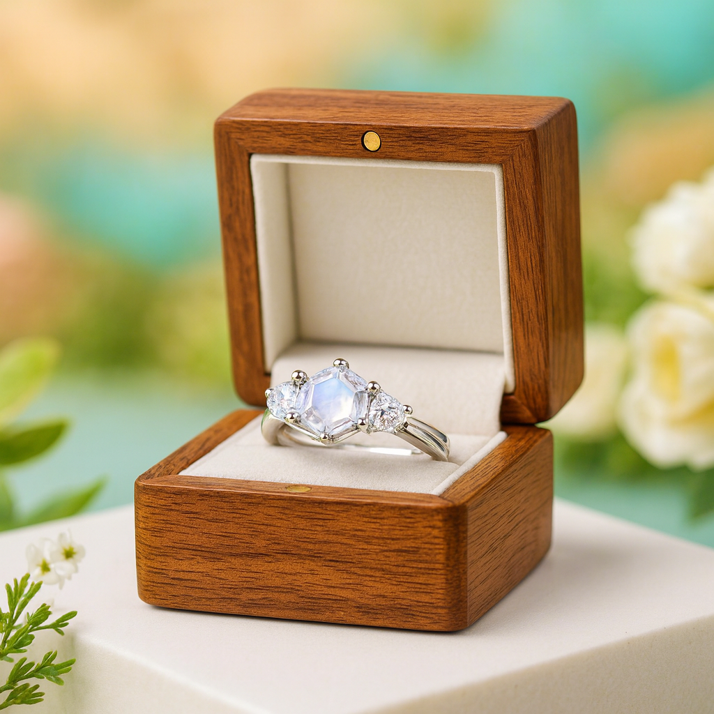 Diamond ring in a wooden box with a blurred floral background