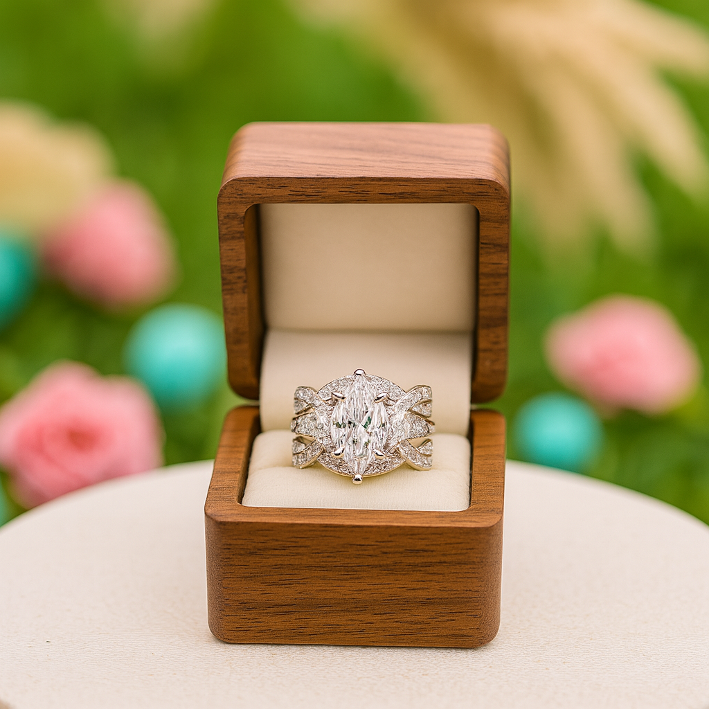 Diamond ring in a wooden box with a blurred floral background