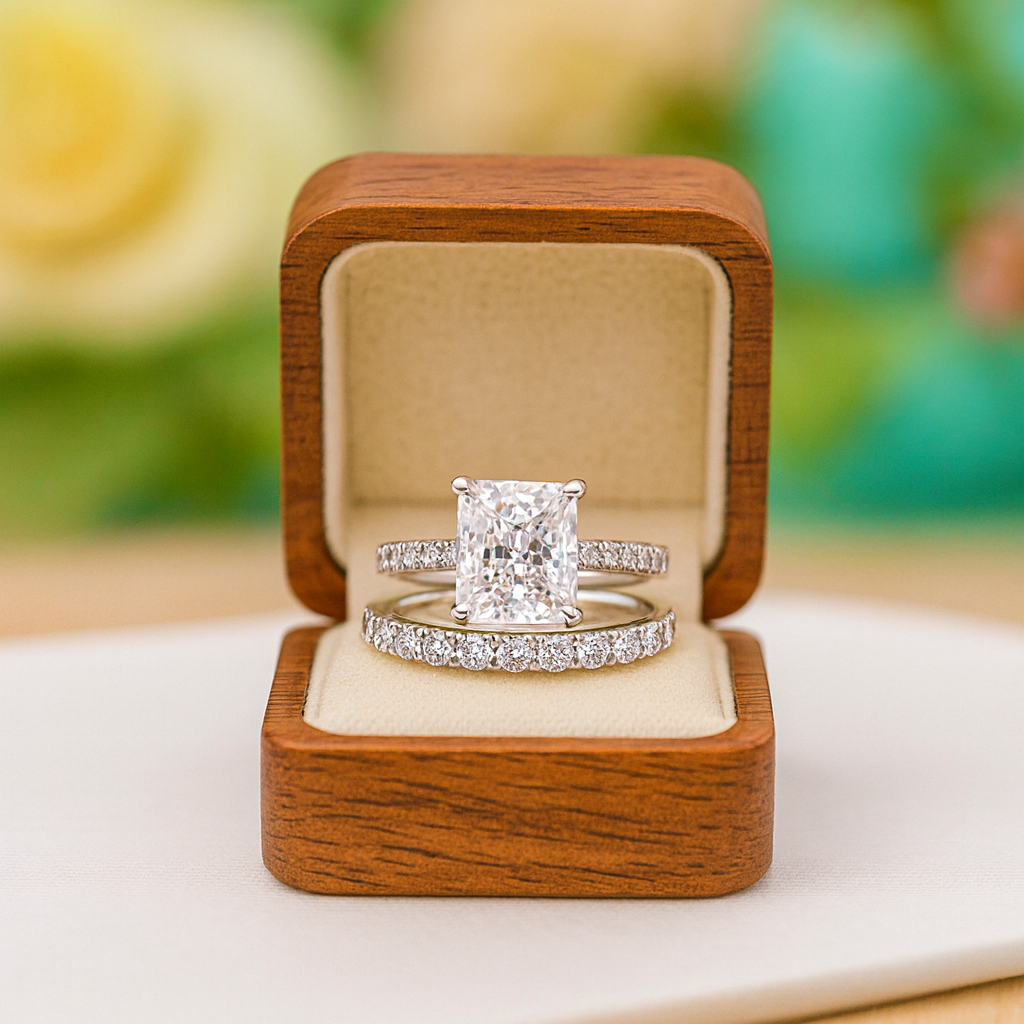 Diamond ring in a wooden box with a blurred floral background
