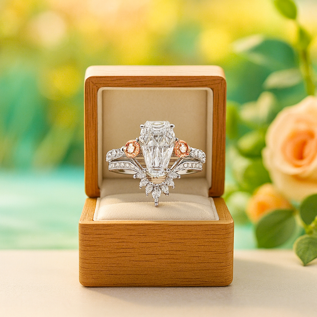 Diamond ring in a wooden box with a blurred floral background