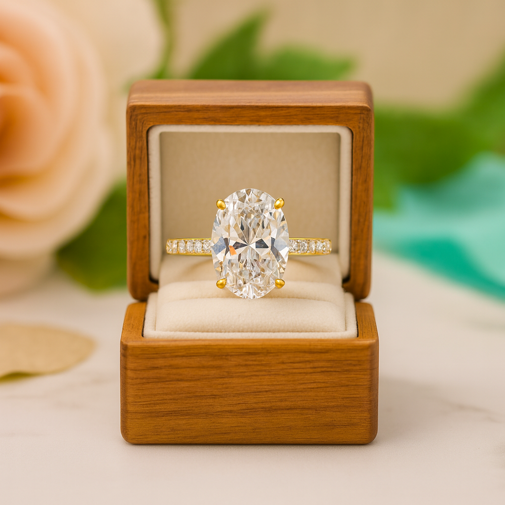 Diamond ring in a wooden box with a blurred floral background