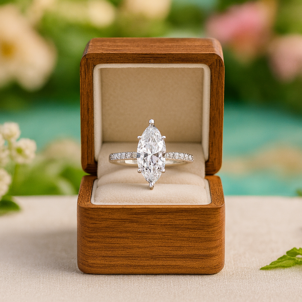 Diamond ring in a wooden box with a blurred floral background