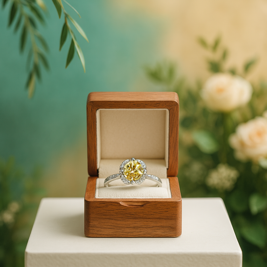 Diamond ring in a wooden box with a blurred floral background