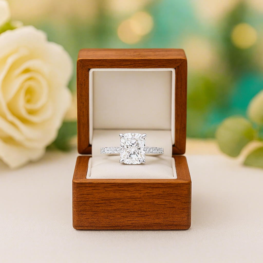 Diamond ring in a wooden box with a blurred floral background