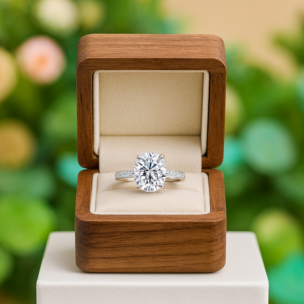 Diamond ring in a wooden box with a blurred green background
