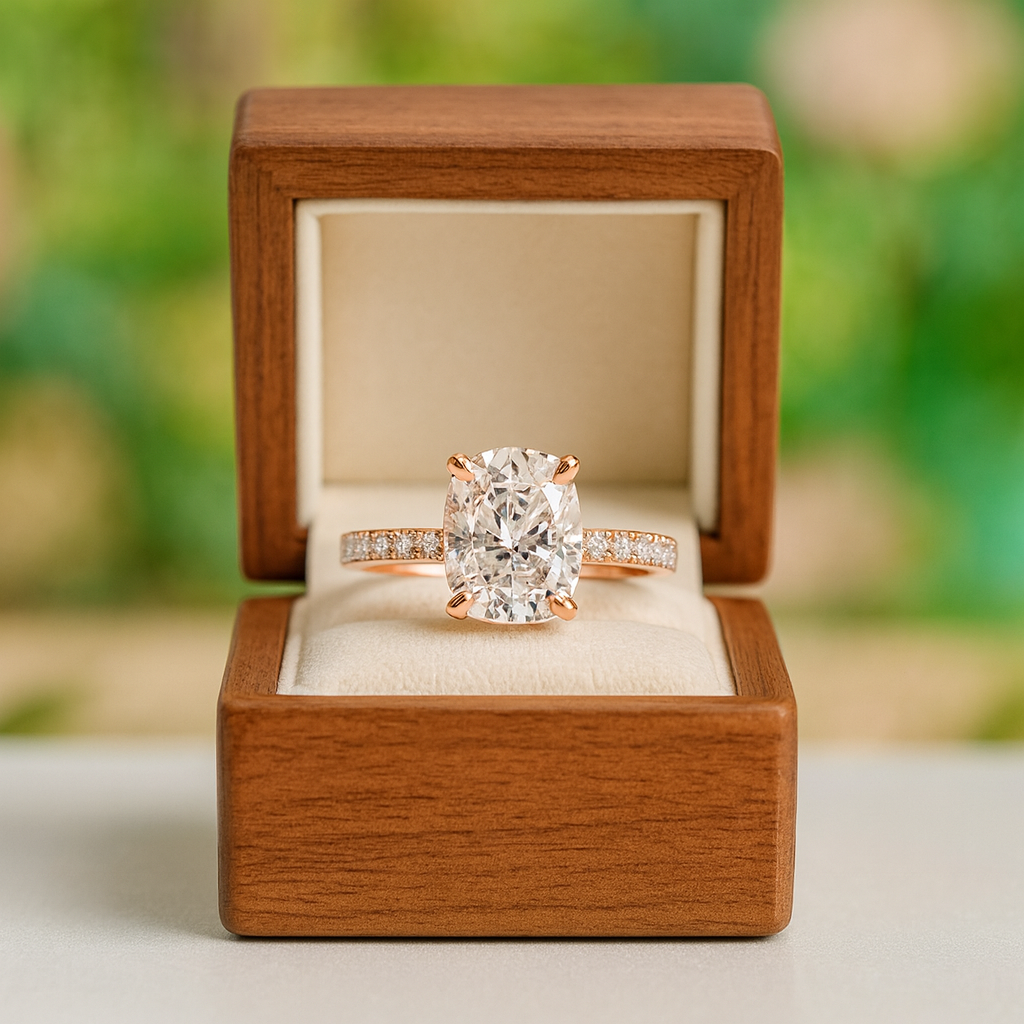 Diamond ring in a wooden box with a blurred green background