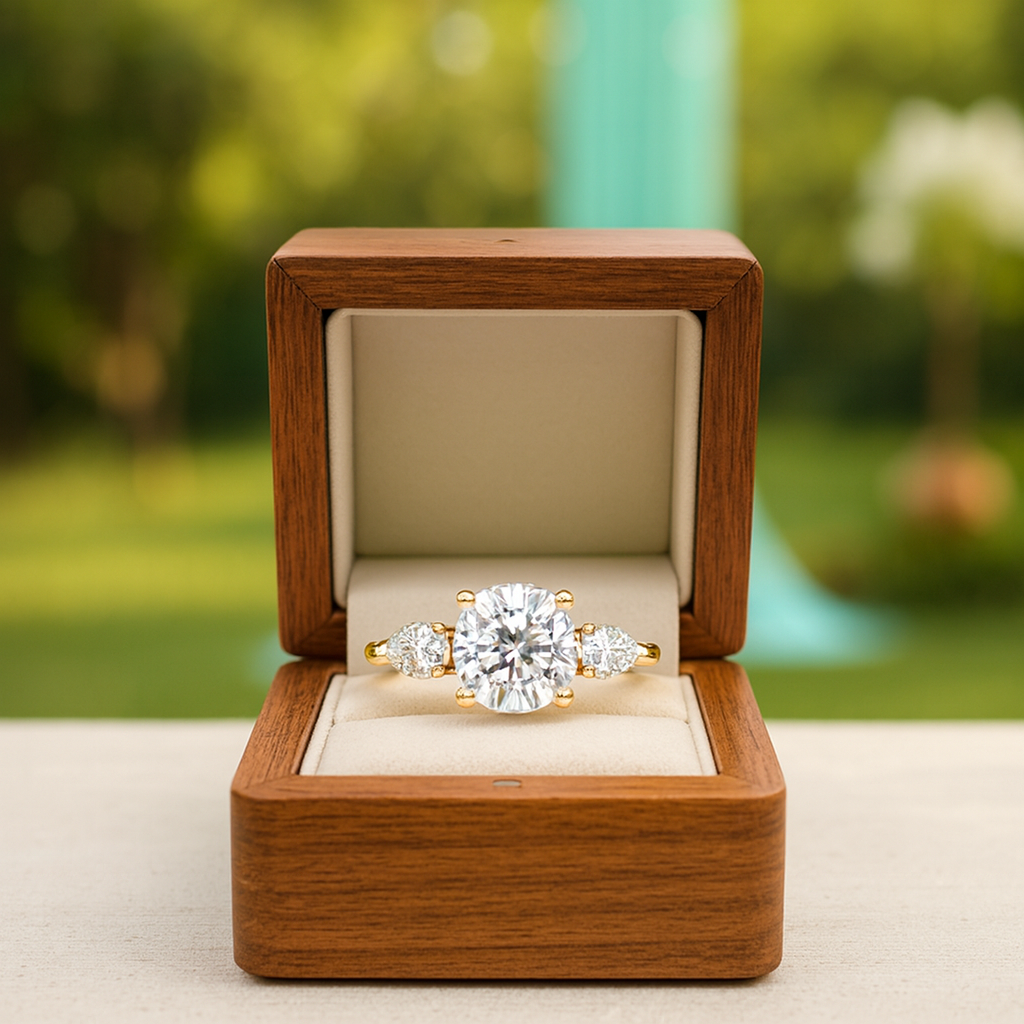 Diamond ring in a wooden box with a blurred green outdoor background