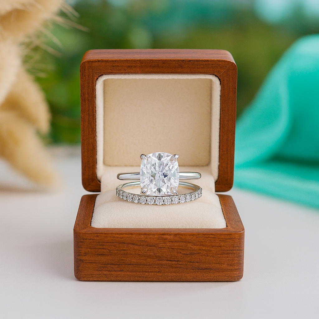 Diamond ring in a wooden box with a blurred natural background