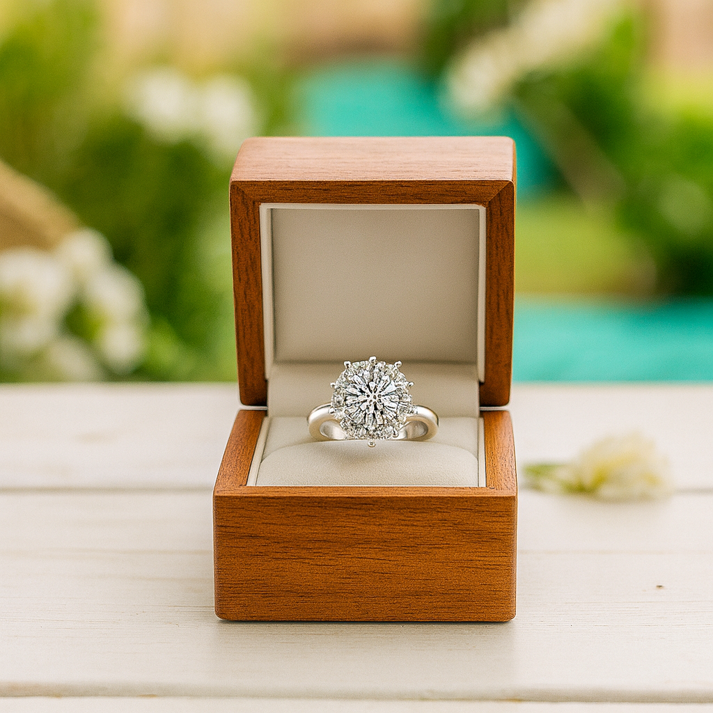 Diamond ring in a wooden box with a blurred natural background