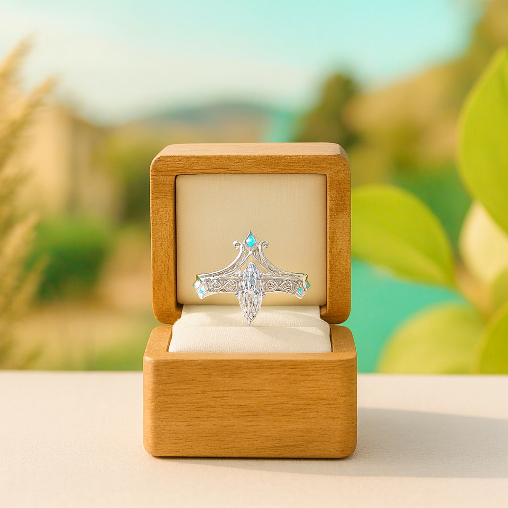 Diamond ring in a wooden box with a blurred natural background