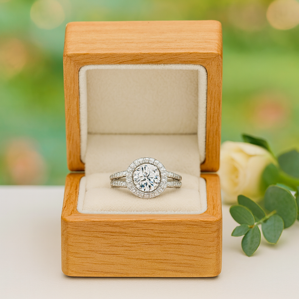 Diamond ring in a wooden box with a blurred natural background