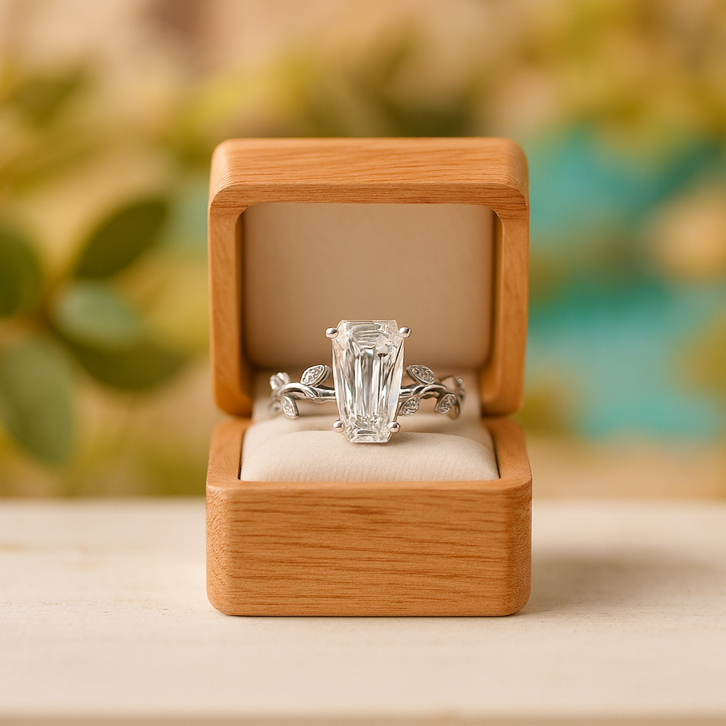 Diamond ring in a wooden box with a blurred natural background