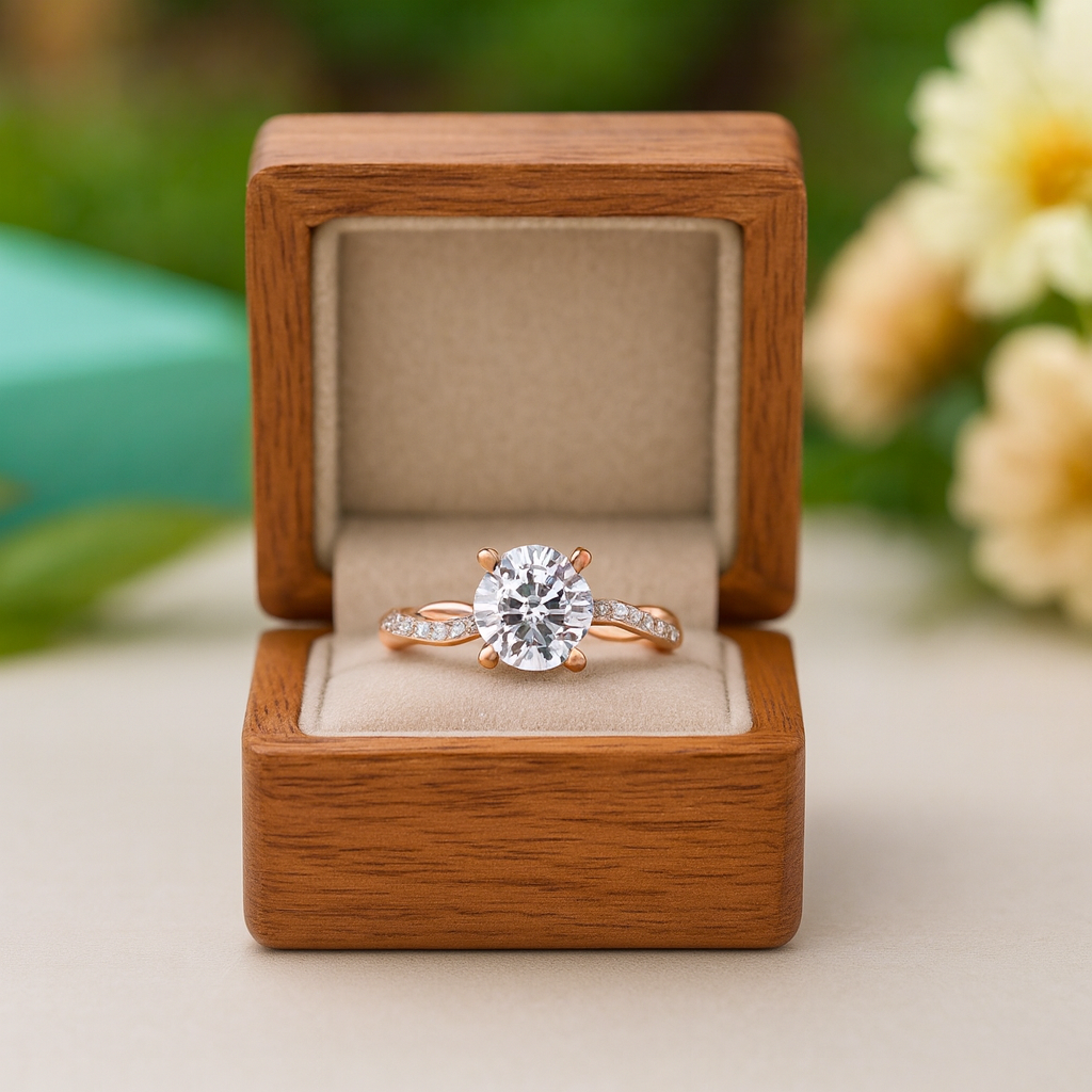 Diamond ring in a wooden box with a blurred natural background