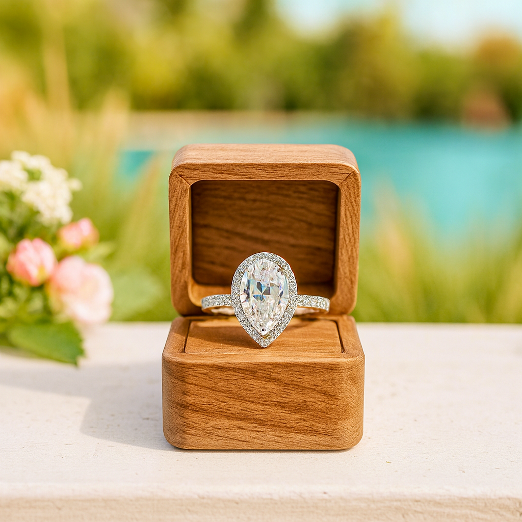 Diamond ring in a wooden box with a blurred natural background
