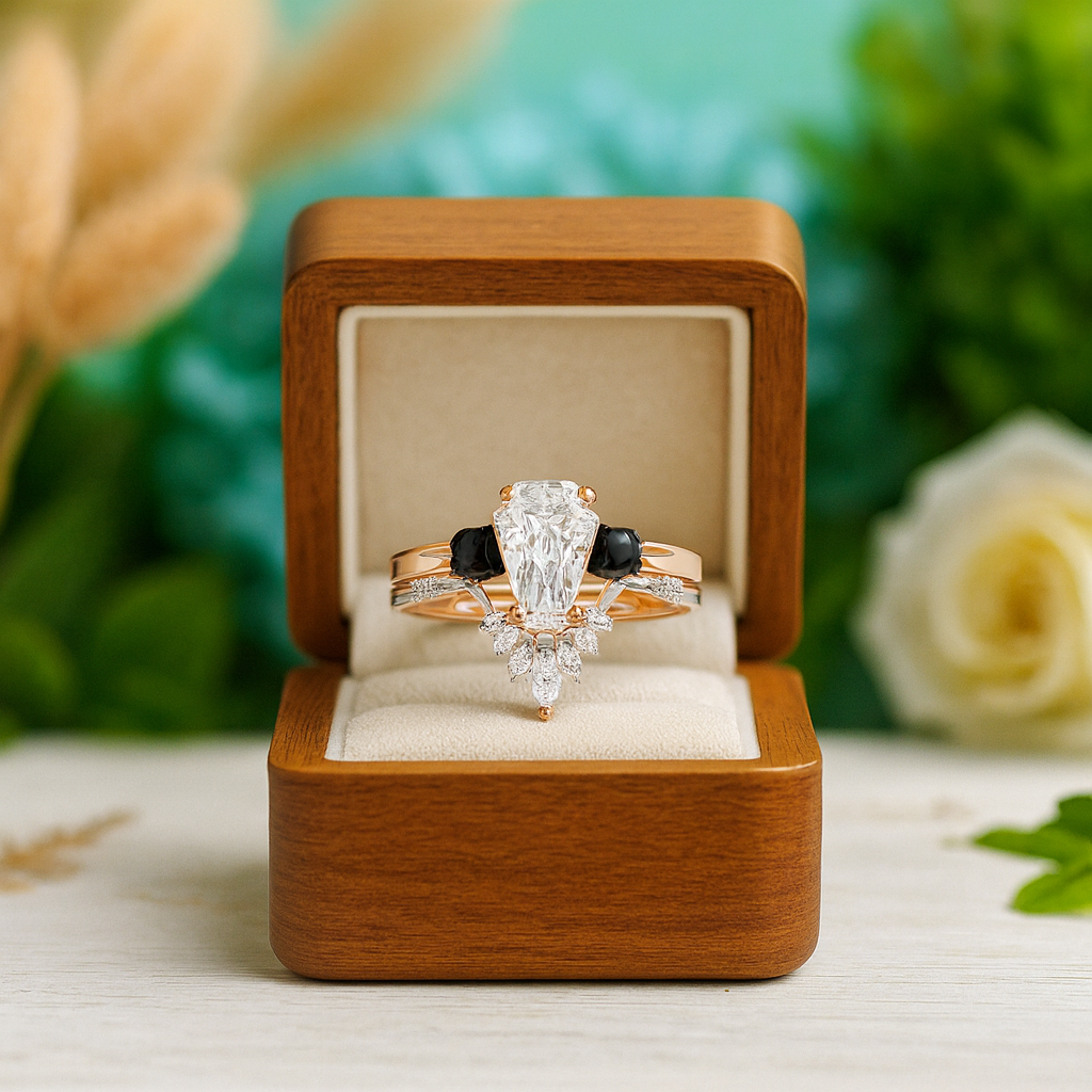 Diamond ring in a wooden box with a floral background
