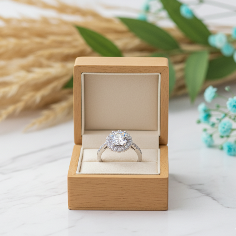 Diamond ring in a wooden box with a natural background