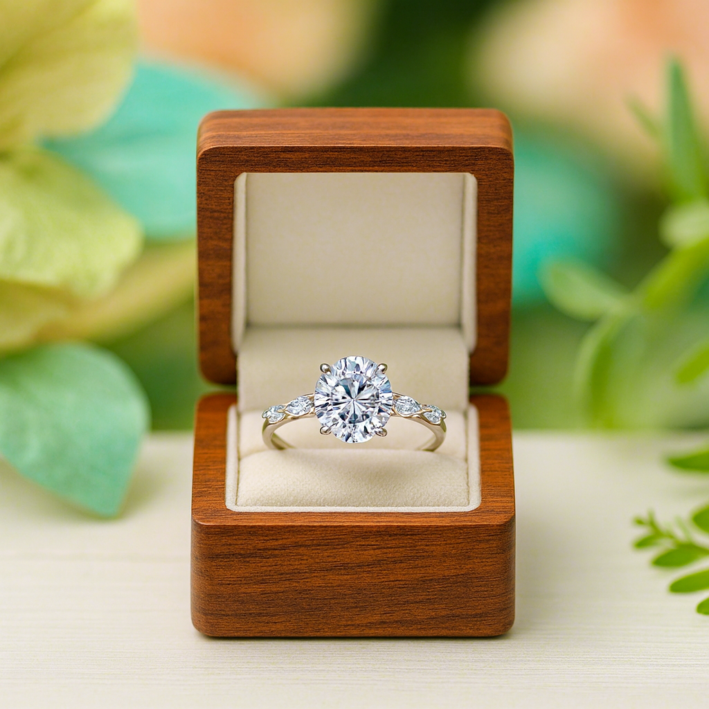 Diamond ring in a wooden box with a natural background