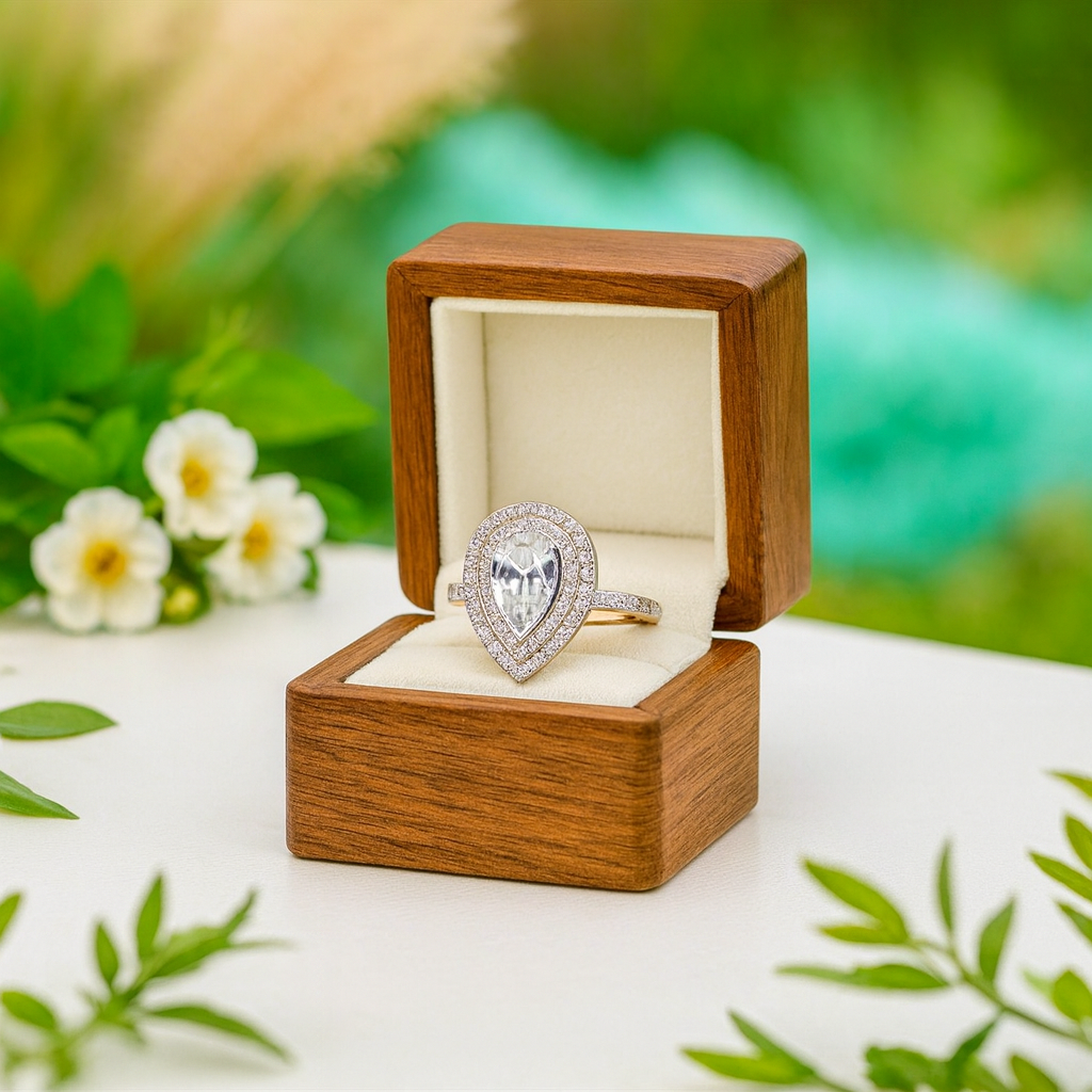 Diamond ring in a wooden box with a natural background