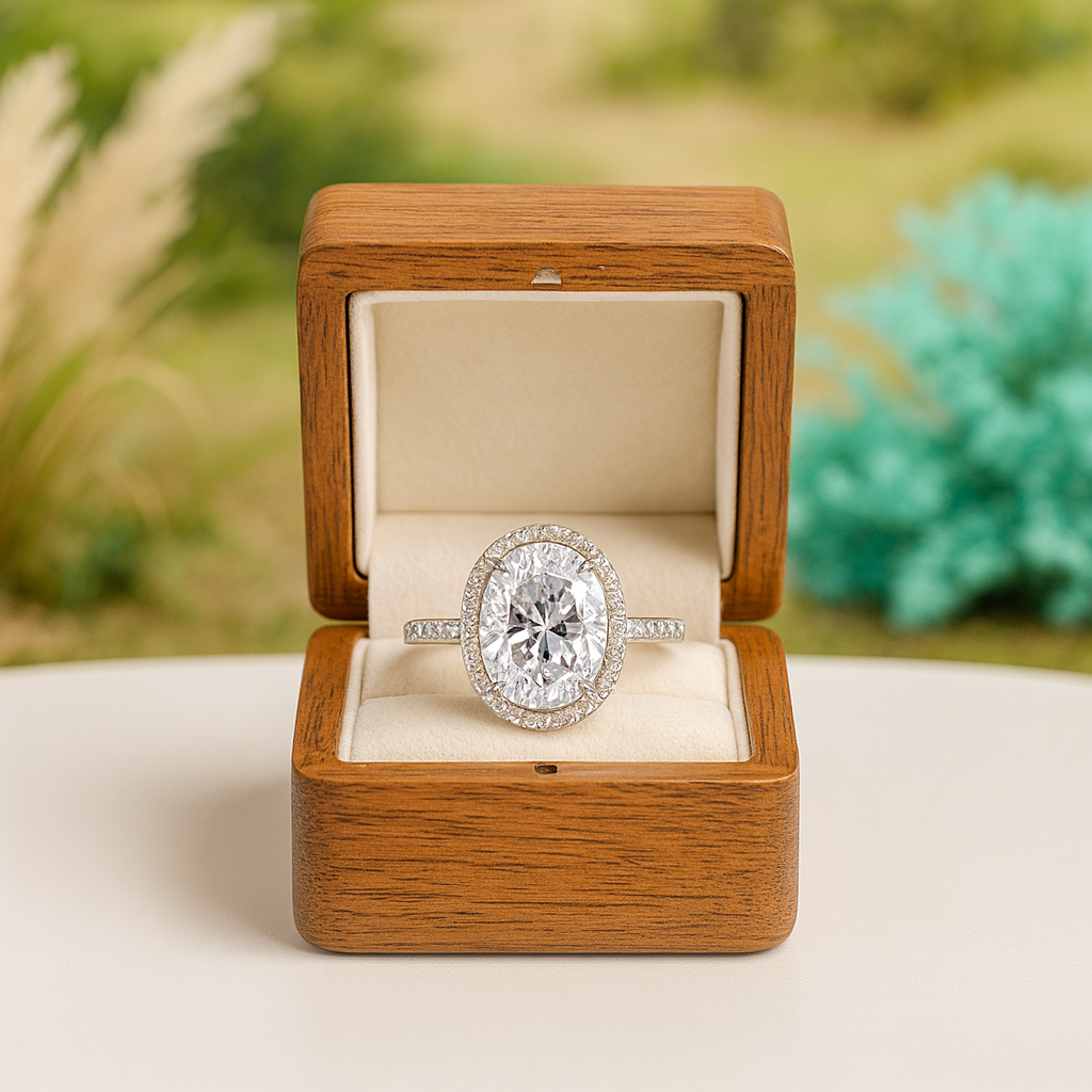 Diamond ring in a wooden box with a natural background